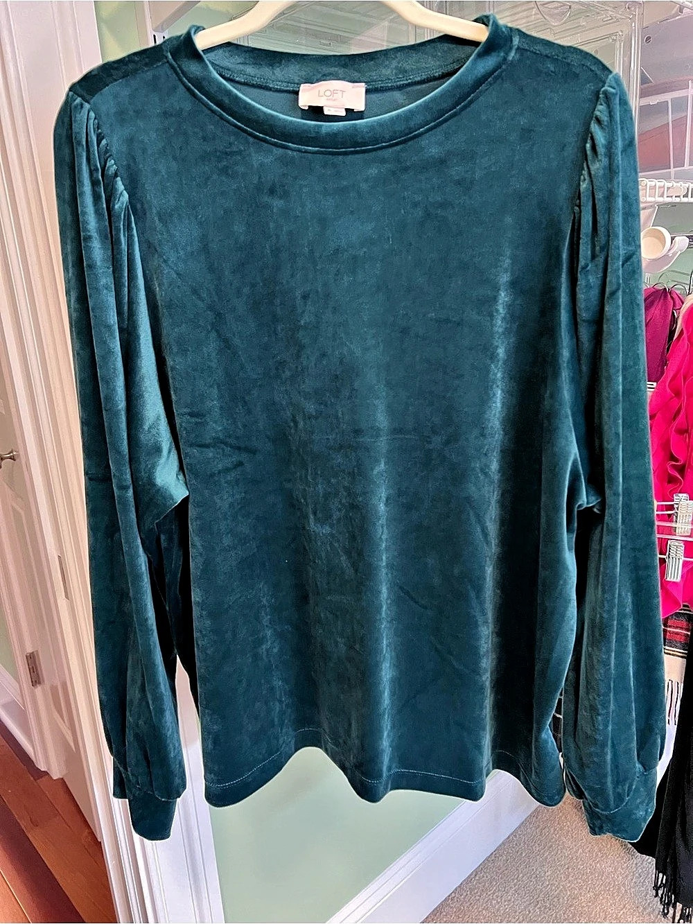 LOFT Outlet Velvet Long Sleeve Top in Deep Green Size XL Like New